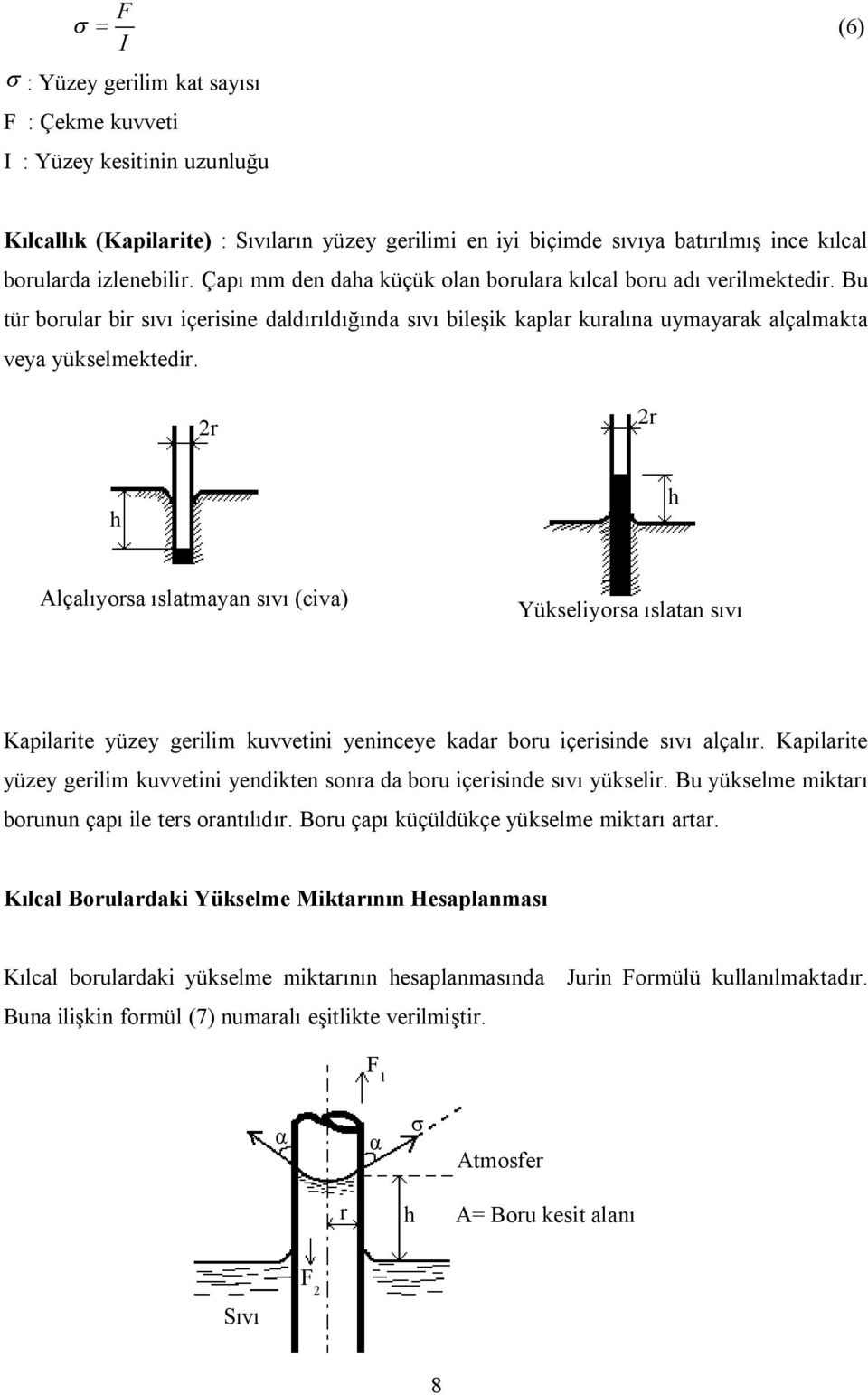 2r 2r h h Alçalıyorsa ıslatmayan sıvı (civa) Yükseliyorsa ıslatan sıvı Kapilarite yüzey gerilim kuvvetini yeninceye kadar boru içerisinde sıvı alçalır.