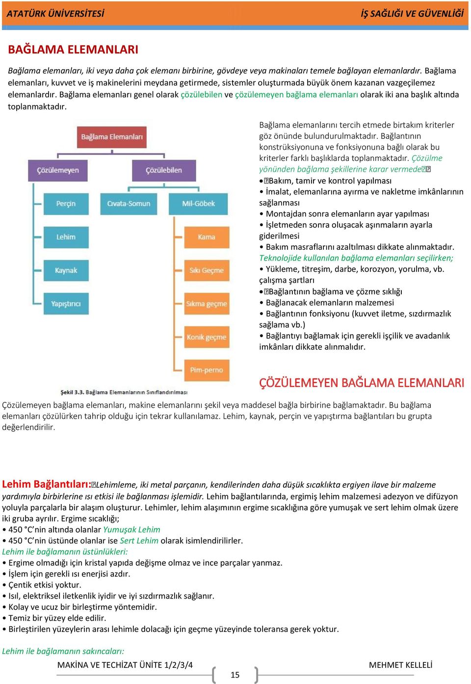 Bağlama elemanları genel olarak çözülebilen ve çözülemeyen bağlama elemanları olarak iki ana başlık altında toplanmaktadır.