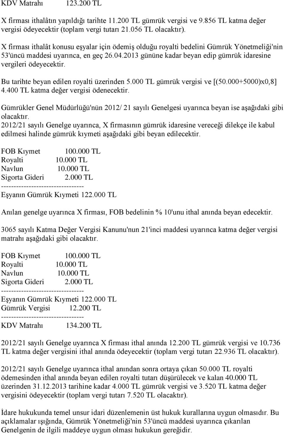 Bu tarihte beyan edilen royalti üzerinden 5.000 TL gümrük vergisi ve [(50.000+5000)x0,8] 4.400 TL katma değer vergisi ödenecektir.