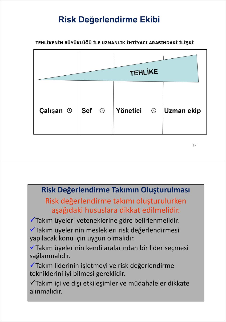 Takım üyelerinin meslekleri risk değerlendirmesi yapılacak konu için uygun olmalıdır. Takım üyelerinin kendi aralarından bir lider seçmesi sağlanmalıdır.