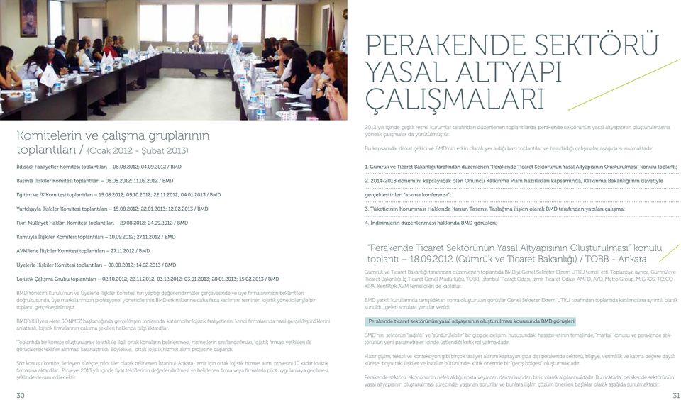 08.2012; 22.01.2013; 12.02.2013 / BMD Fikri Mülkiyet Hakları Komitesi toplantıları 29.08.2012; 04.09.2012 / BMD Kamuyla İlişkiler Komitesi toplantıları 10.09.2012; 27.11.