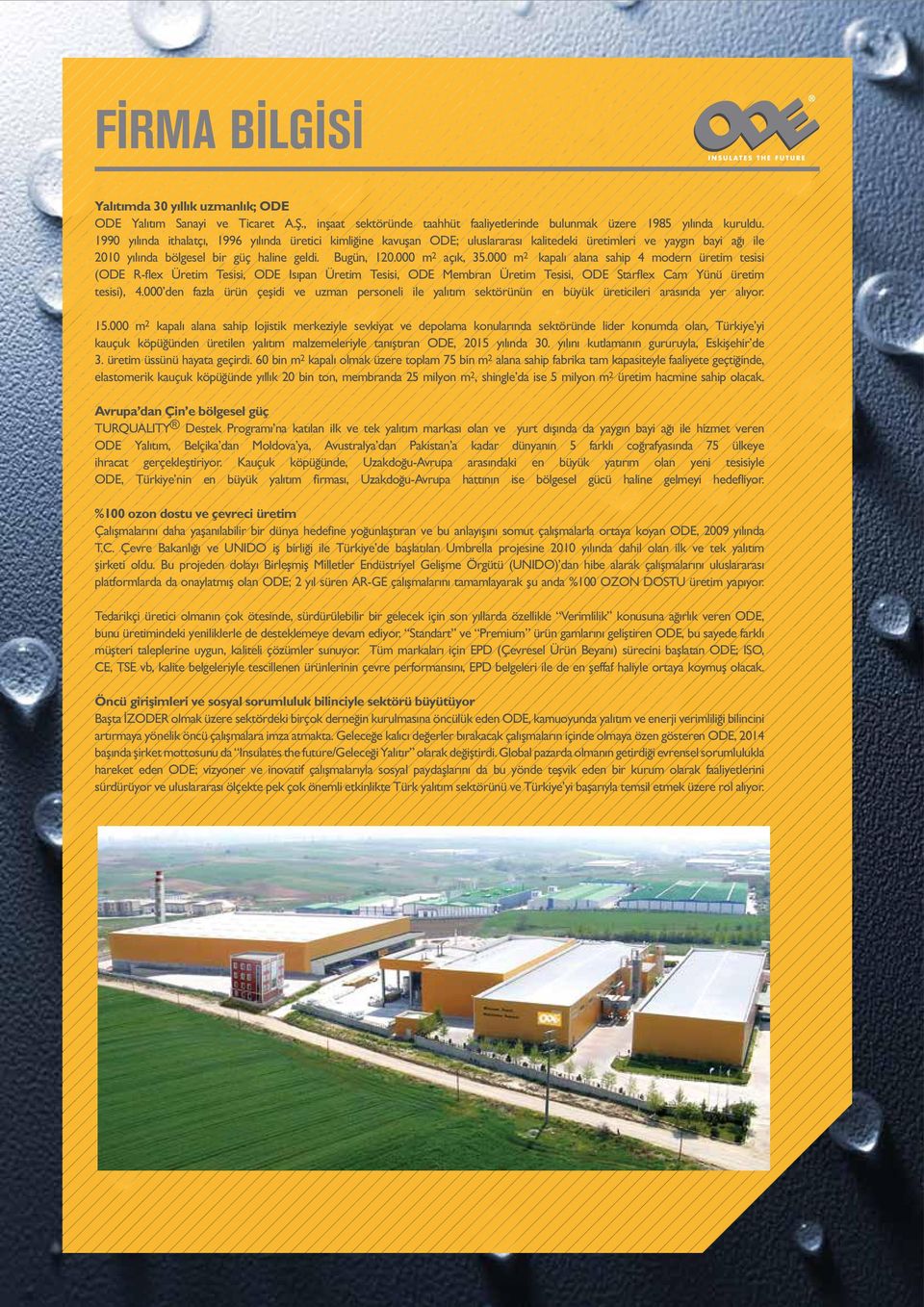 000 m 2 ² kapalı alana sahip 4 modern üretim tesisi (ODE R-flex Üretim Tesisi, ODE Isıpan Üretim Tesisi, ODE Membran Üretim Tesisi, ODE Starflex Cam Yünü üretim tesisi), 4.