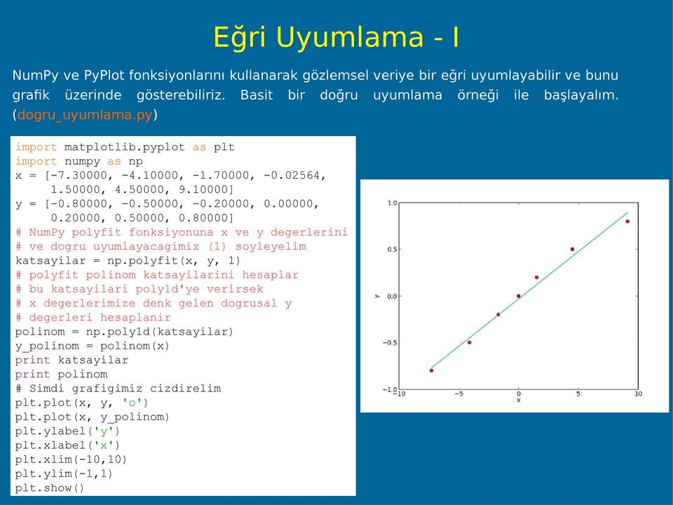 80000] # NumPy polyfit fonksiyonuna x ve y degerlerini # ve dogru uyumlayacagimiz (1) soyleyelim katsayilar = np.