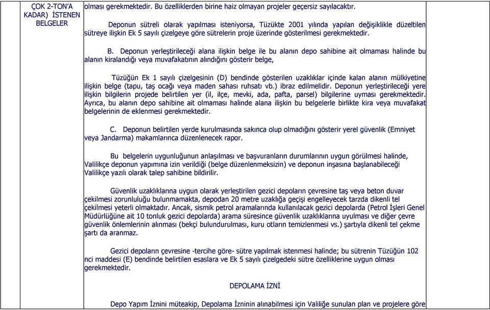 Deponun yerleştirileceği alana ilişkin belge ile bu alanın depo sahibine ait olmaması halinde bu alanın kiralandığı veya muvafakatının alındığını gösterir belge, Tüzüğün Ek 1 sayılı çizelgesinin (D)