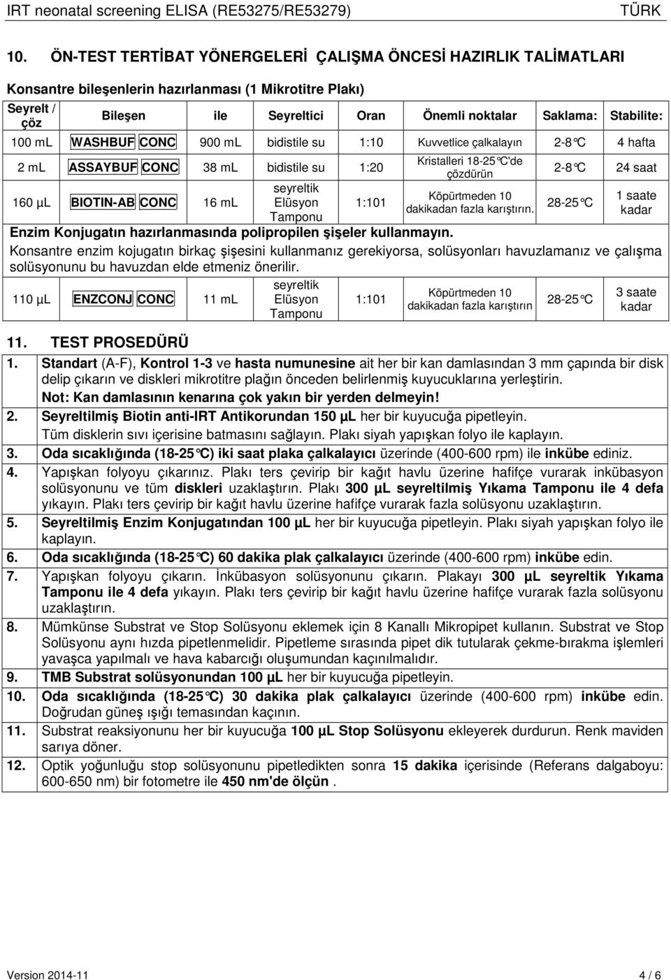 Kristalleri 18-25 C'de çözdürün Köpürtmeden 10 dakikadan fazla karıştırın. 2-8 C 28-25 C 24 saat 1 saate kadar Enzim Konjugatın hazırlanmasında polipropilen şişeler kullanmayın.