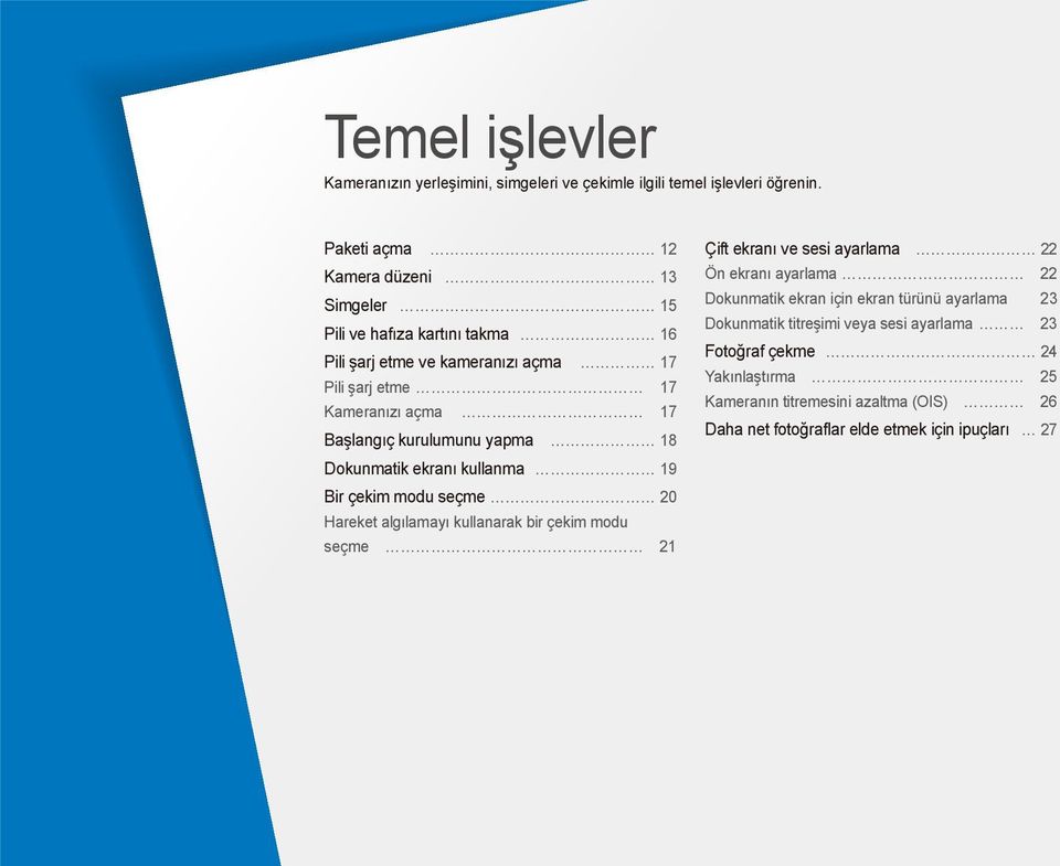 kurulumunu yapma 18 Dokunmatik ekranı kullanma 19 Bir çekim modu seçme 20 Hareket algılamayı kullanarak bir çekim modu seçme 21 Çift ekranı ve sesi ayarlama 22