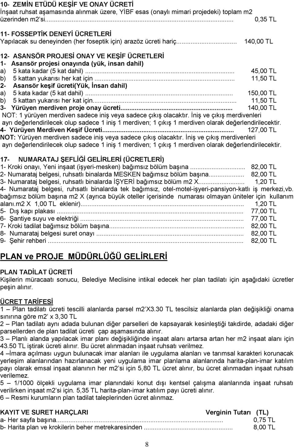 .. 140,00 TL 12- ASANSÖR PROJESĠ ONAY VE KEġĠF ÜCRETLERĠ 1- Asansör projesi onayında (yük, insan dahil) a) 5 kata kadar (5 kat dahil)... 45,00 TL b) 5 kattan yukarısı her kat için.