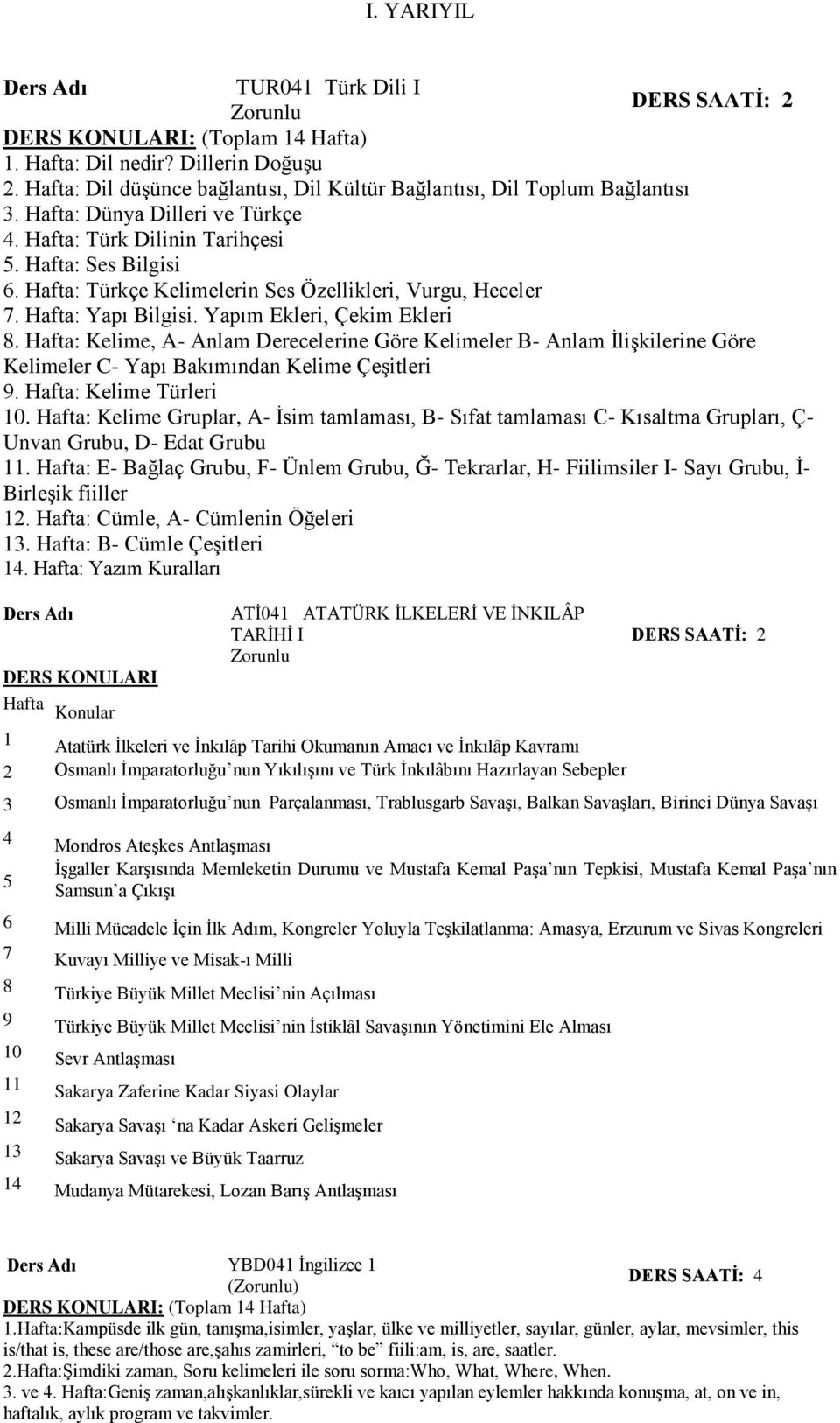 Hafta: Kelime, A- Anlam Derecelerine Göre Kelimeler B- Anlam İlişkilerine Göre Kelimeler C- Yapı Bakımından Kelime Çeşitleri 9. Hafta: Kelime Türleri 10.