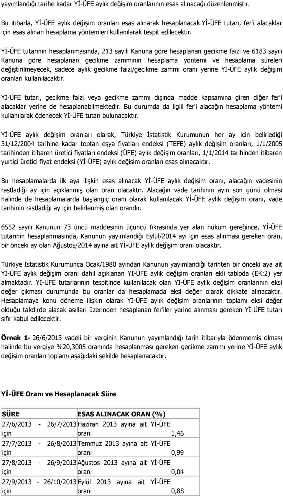 YĐ-ÜFE tutarının hesaplanmasında, 213 sayılı Kanuna göre hesaplanan gecikme faizi ve 6183 sayılı Kanuna göre hesaplanan gecikme zammının hesaplama yöntemi ve hesaplama süreleri değiştirilmeyecek,