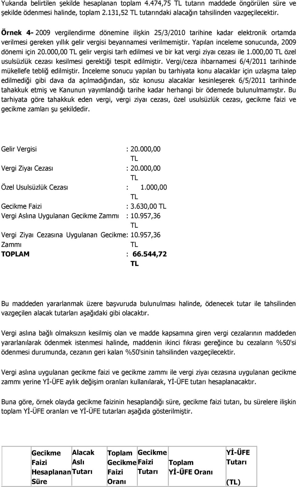 Yapılan inceleme sonucunda, 2009 dönemi için 20.000,00 gelir vergisi tarh edilmesi ve bir kat vergi ziyaı cezası ile 1.000,00 özel usulsüzlük cezası kesilmesi gerektiği tespit edilmiştir.