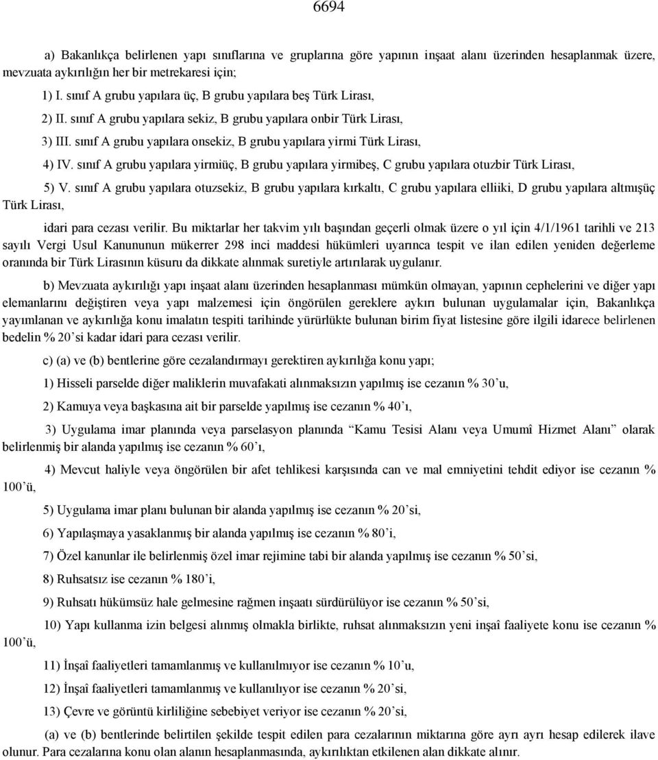 sınıf A grubu yapılara onsekiz, B grubu yapılara yirmi Türk Lirası, 4) IV. sınıf A grubu yapılara yirmiüç, B grubu yapılara yirmibeş, C grubu yapılara otuzbir Türk Lirası, 5) V.