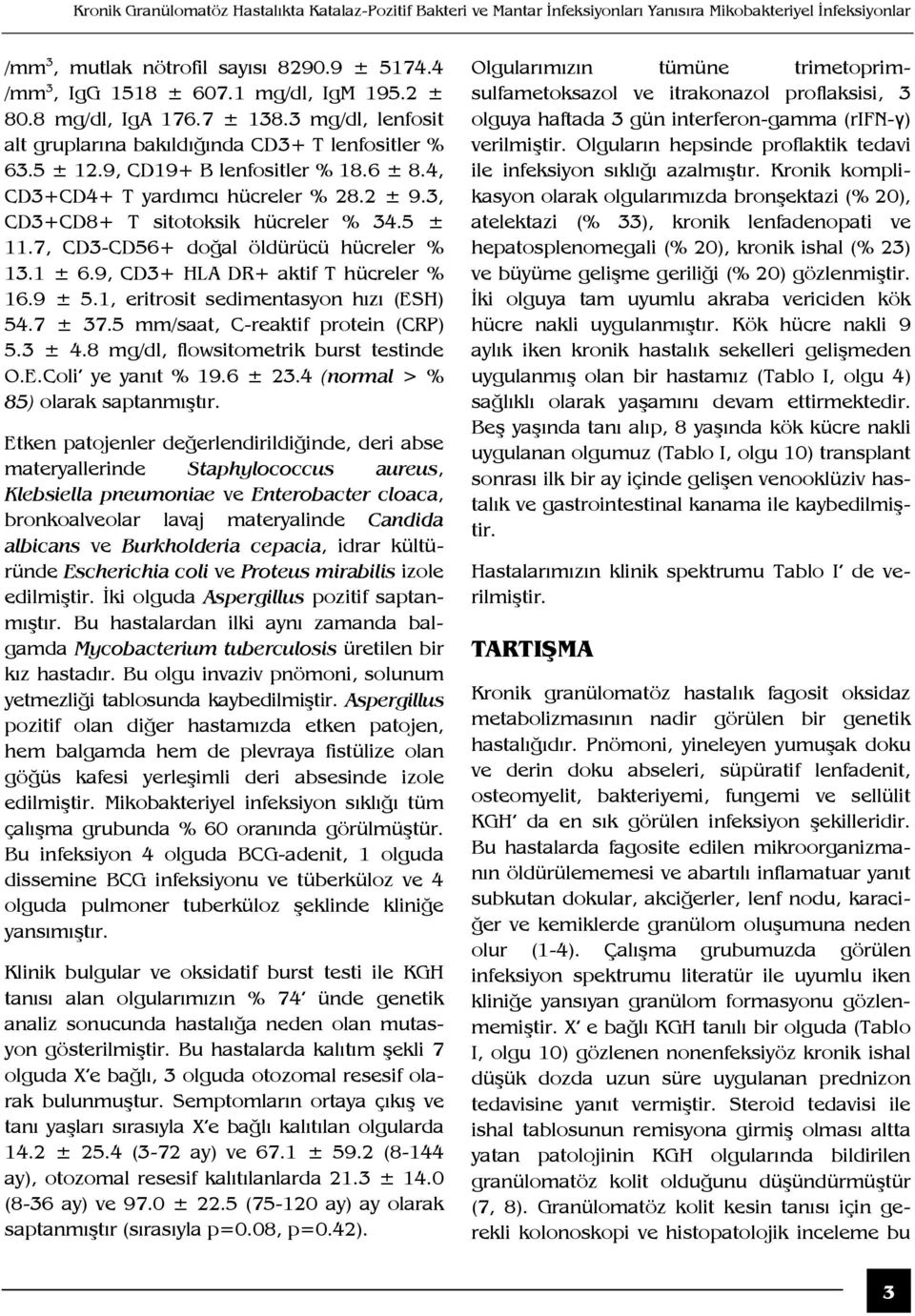 2 ± 9.3, CD3+CD8+ T sitotoksik hücreler % 34.5 ± 11.7, CD3-CD56+ doğal öldürücü hücreler % 13.1 ± 6.9, CD3+ HLA DR+ aktif T hücreler % 16.9 ± 5.1, eritrosit sedimentasyon hızı (ESH) 54.7 ± 37.