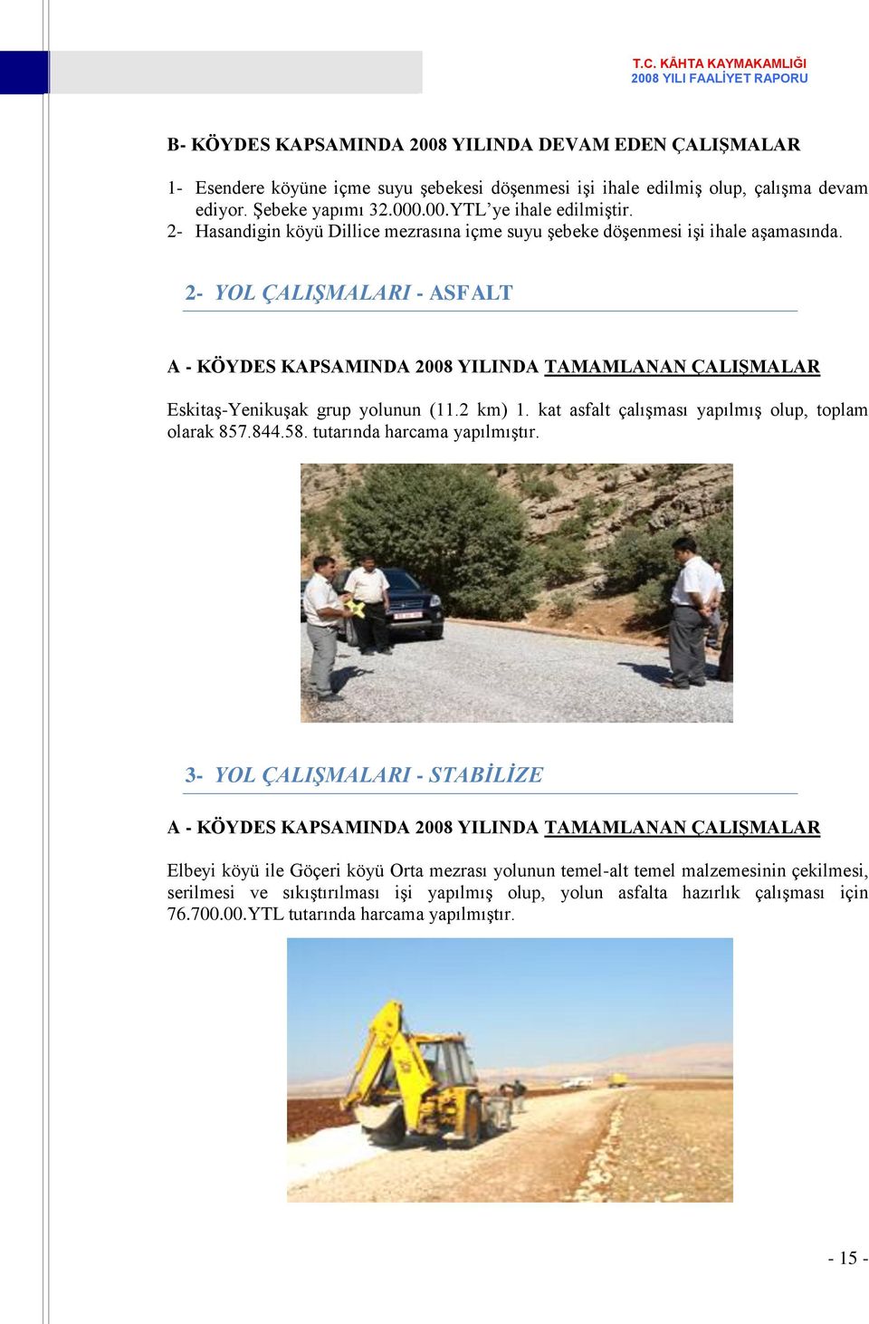 2- YOL ÇALIŞMALARI - ASFALT A - KÖYDES KAPSAMINDA 2008 YILINDA TAMAMLANAN ÇALIġMALAR Eskitaş-Yenikuşak grup yolunun (11.2 km) 1. kat asfalt çalışması yapılmış olup, toplam olarak 857.844.58.