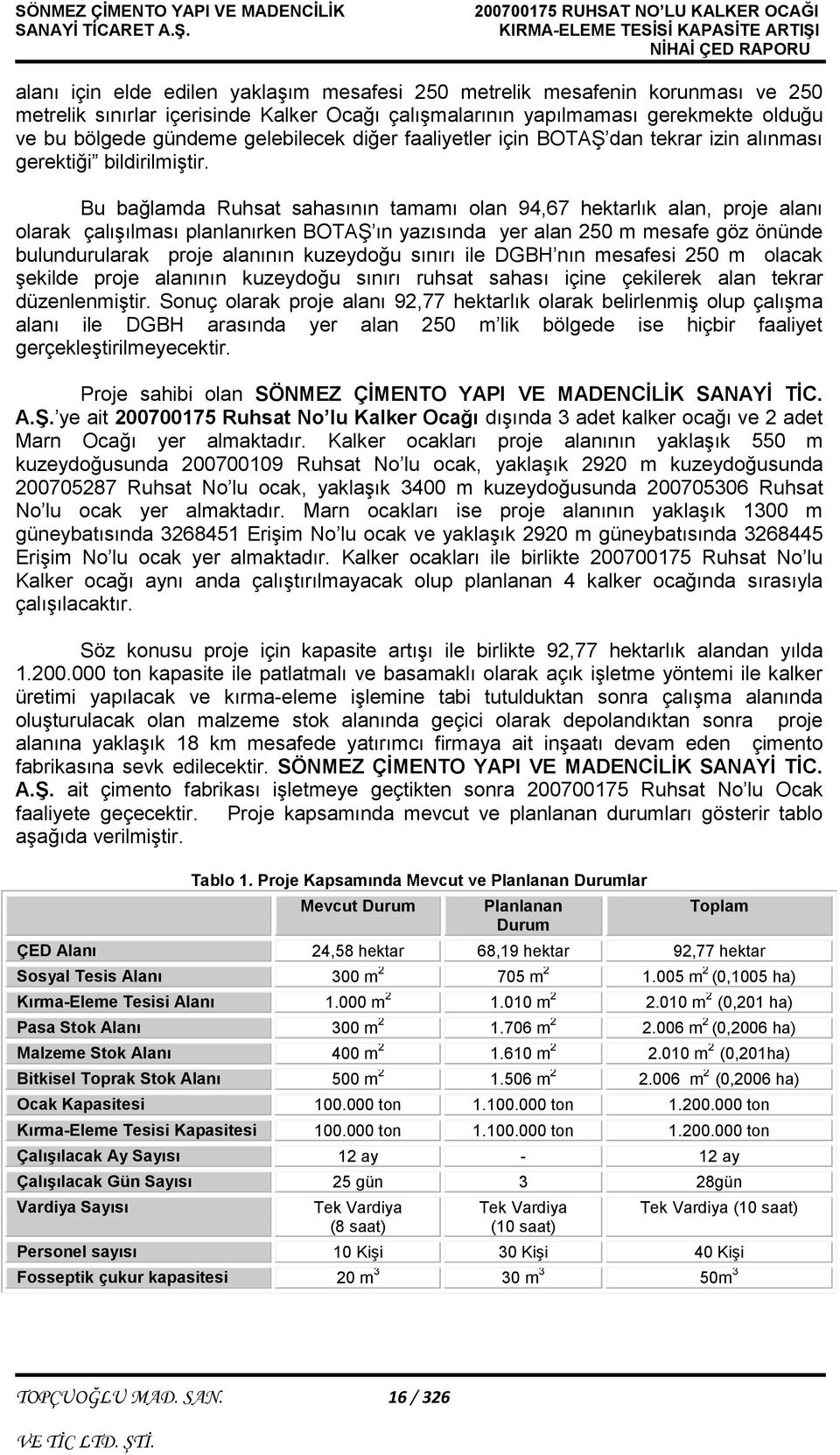 Bu bağlamda Ruhsat sahasının tamamı olan 94,67 hektarlık alan, proje alanı olarak çalışılması planlanırken BOTAŞ ın yazısında yer alan 250 m mesafe göz önünde bulundurularak proje alanının kuzeydoğu