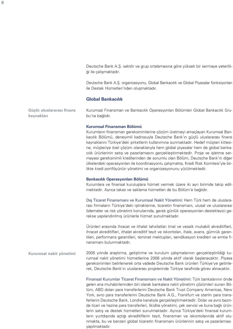 Kurumsal Finansman Bölümü Kurumlar n finansman gereksinimlerine çözüm üretmeyi amaçlayan Kurumsal Bankac l k Bölümü, deneyimli kadrosuyla Deutsche Bank n güçlü uluslararas finans kaynaklar n Türkiye