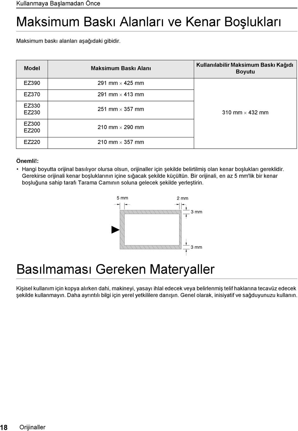 Hangi boyutta orijinal basılıyor olursa olsun, orijinaller için şekilde belirtilmiş olan kenar boşlukları gereklidir. Gerekirse orijinali kenar boşluklarının içine sığacak şekilde küçültün.