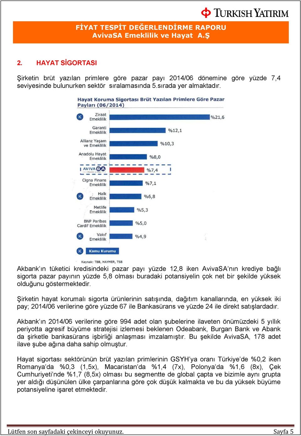 Şirketin hayat korumalı sigorta ürünlerinin satışında, dağıtım kanallarında, en yüksek iki pay; 2014/06 verilerine göre yüzde 67 ile Bankasürans ve yüzde 24 ile direkt satışlardadır.