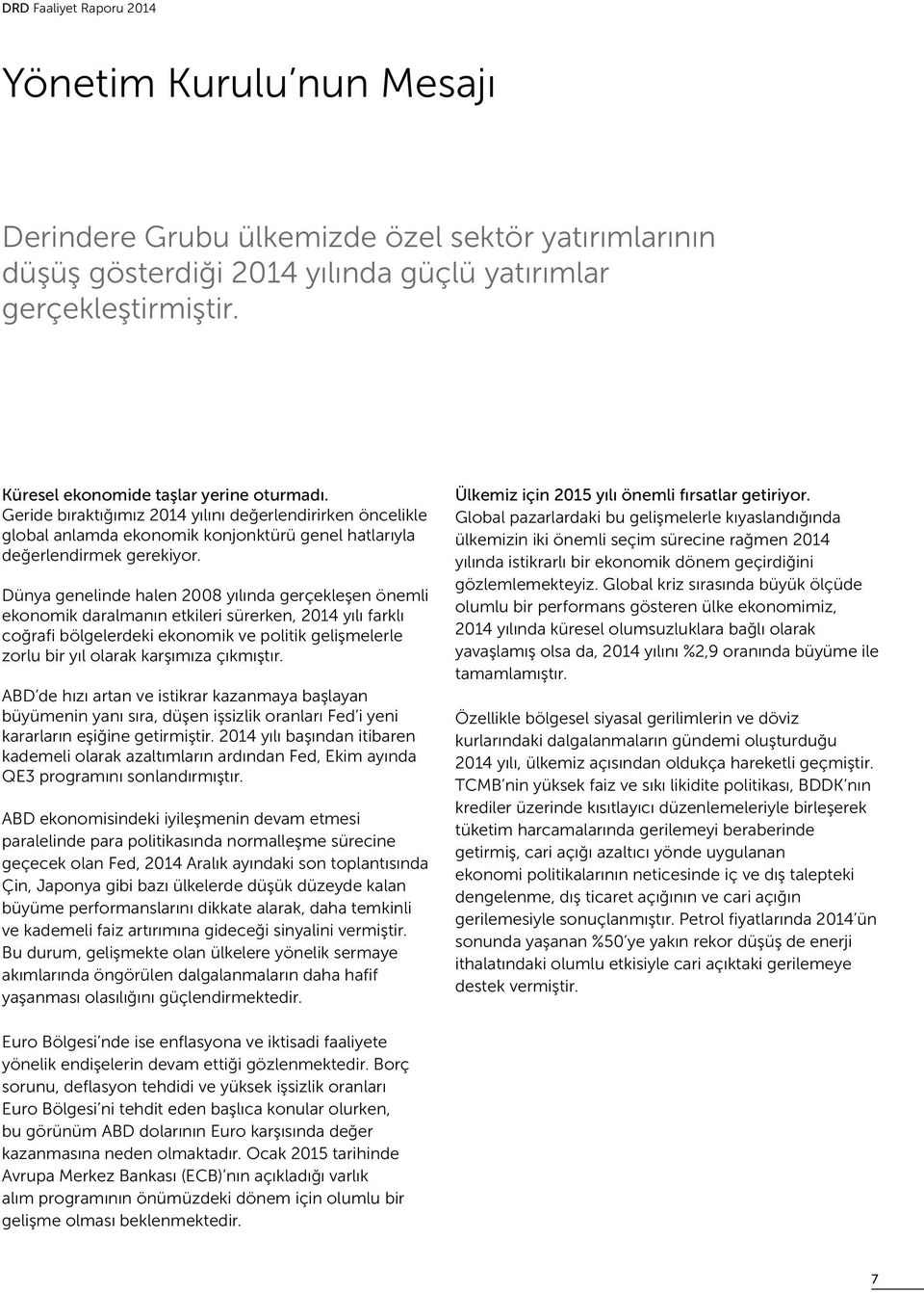 Dünya genelinde halen 2008 yılında gerçekleşen önemli ekonomik daralmanın etkileri sürerken, 2014 yılı farklı coğrafi bölgelerdeki ekonomik ve politik gelişmelerle zorlu bir yıl olarak karşımıza