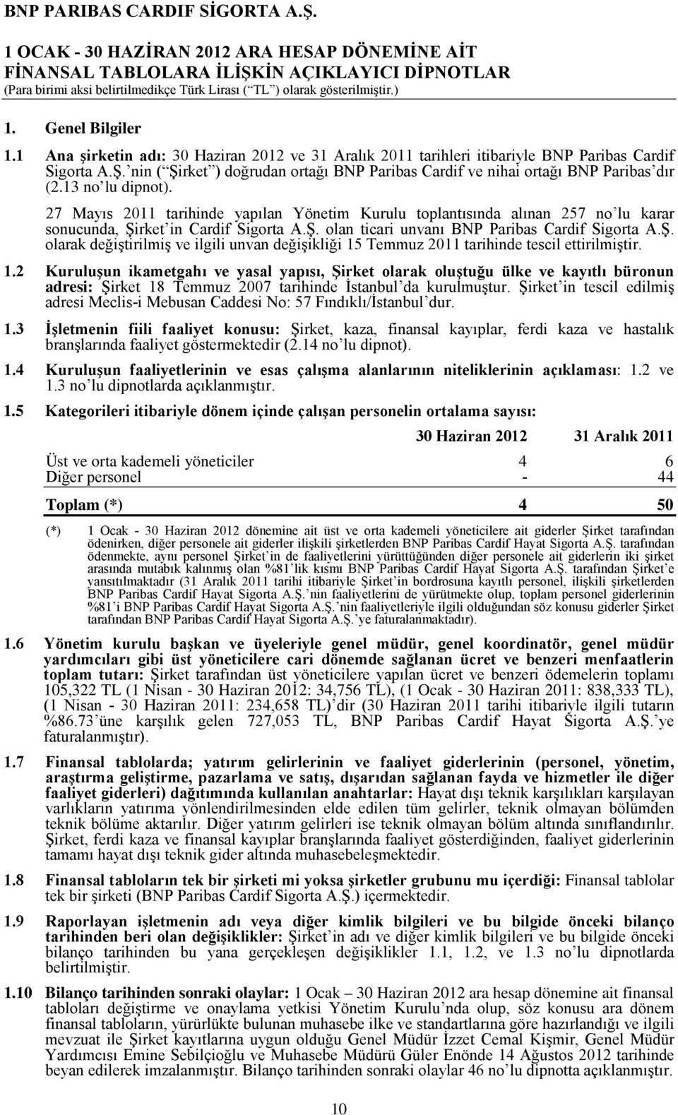 27 Mayıs 2011 tarihinde yapılan Yönetim Kurulu toplantısında alınan 257 no lu karar sonucunda, Şirket in Cardif Sigorta A.Ş. olan ticari unvanı BNP Paribas Cardif Sigorta A.Ş. olarak değiştirilmiş ve ilgili unvan değişikliği 15 Temmuz 2011 tarihinde tescil ettirilmiştir.