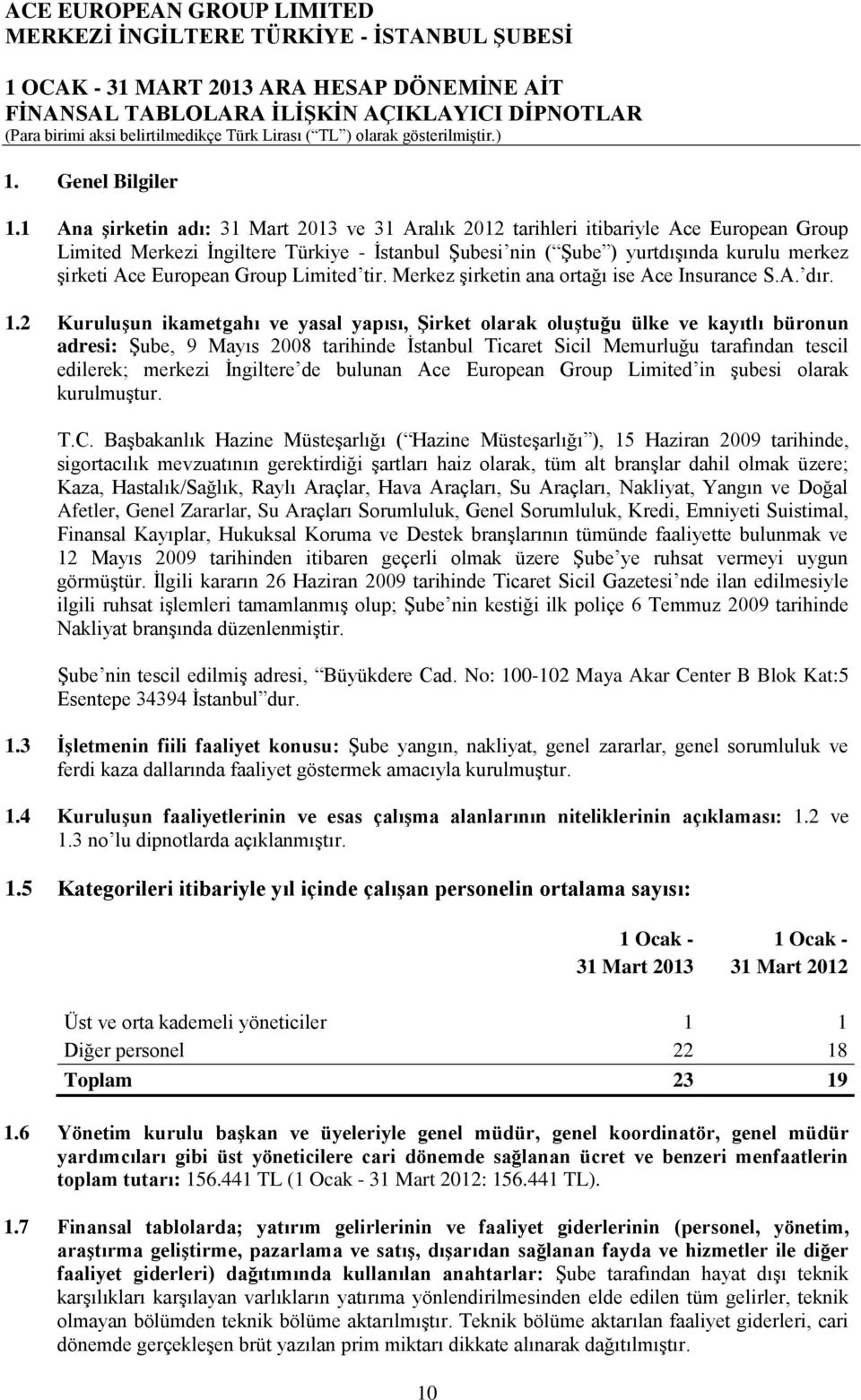 European Group Limited tir. Merkez şirketin ana ortağı ise Ace Insurance S.A. dır. 1.