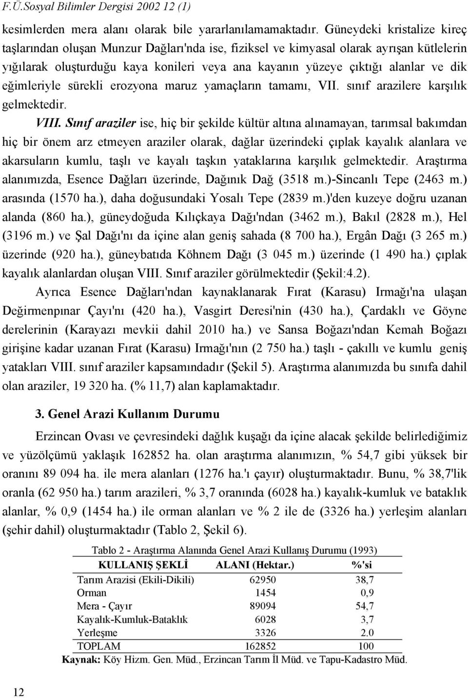 eğimleriyle sürekli erozyona maruz yamaçların tamamı, VII. sınıf arazilere karşılık gelmektedir. VIII.