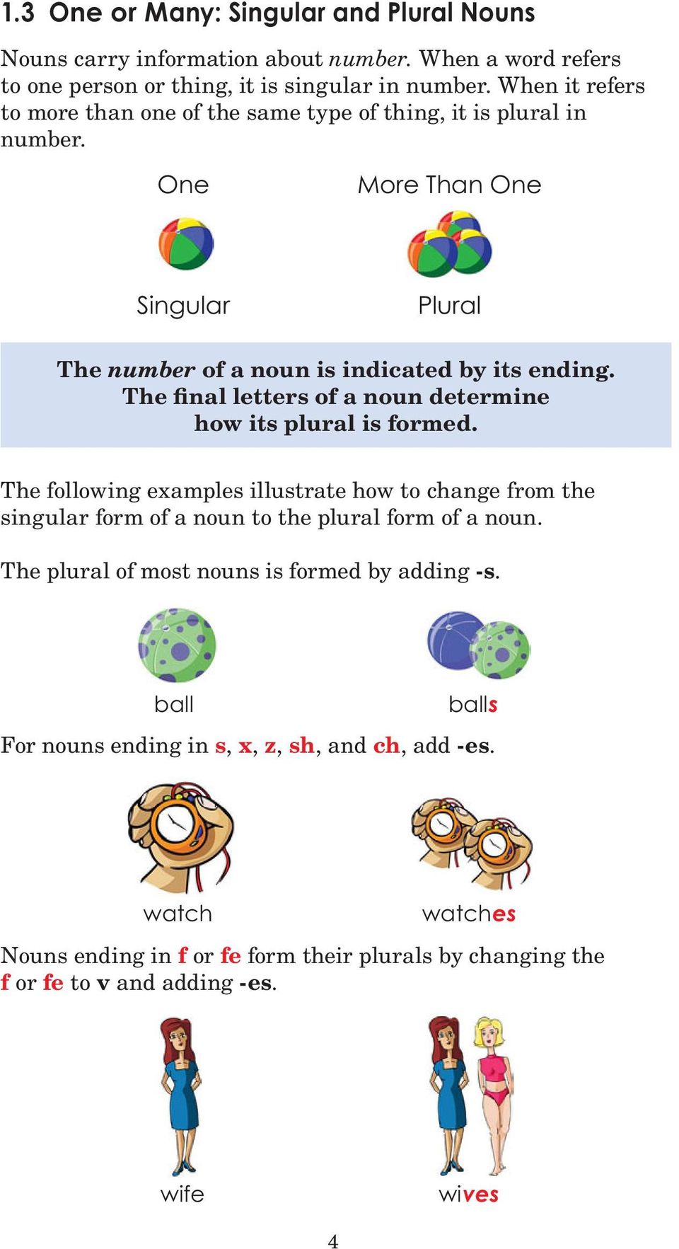 The final letters of a noun determine how its plural is formed. The following examples illustrate how to change from the singular form of a noun to the plural form of a noun.