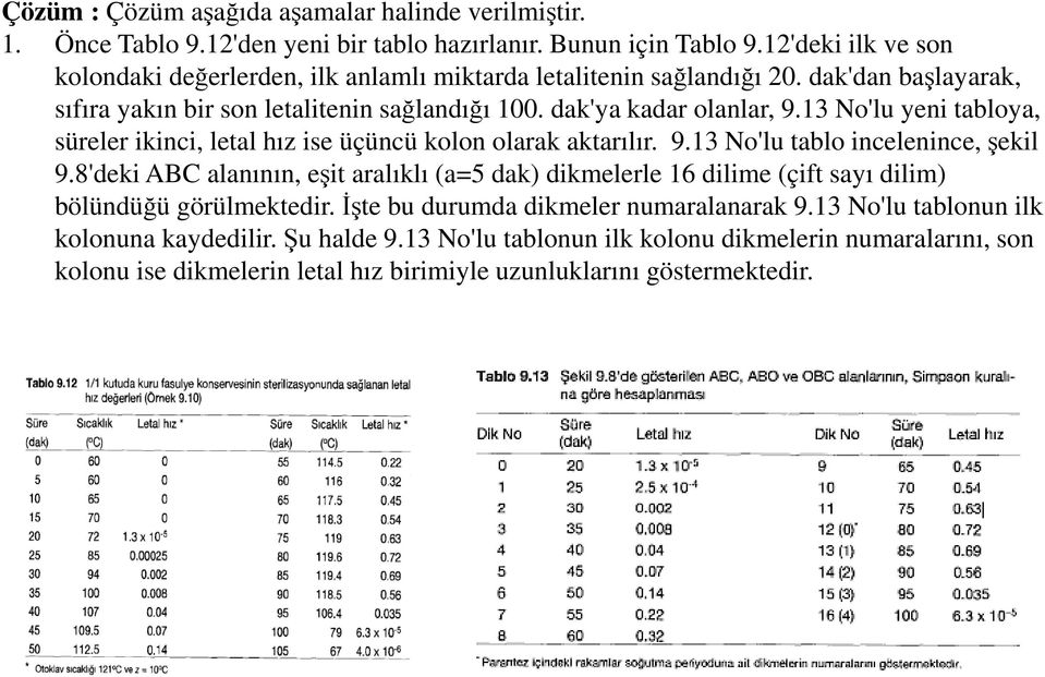 13 No'lu yeni tabloya, süreler ikinci, letal hız ise üçüncü kolon olarak aktarılır. 9.13 No'lu tablo incelenince, şekil 9.