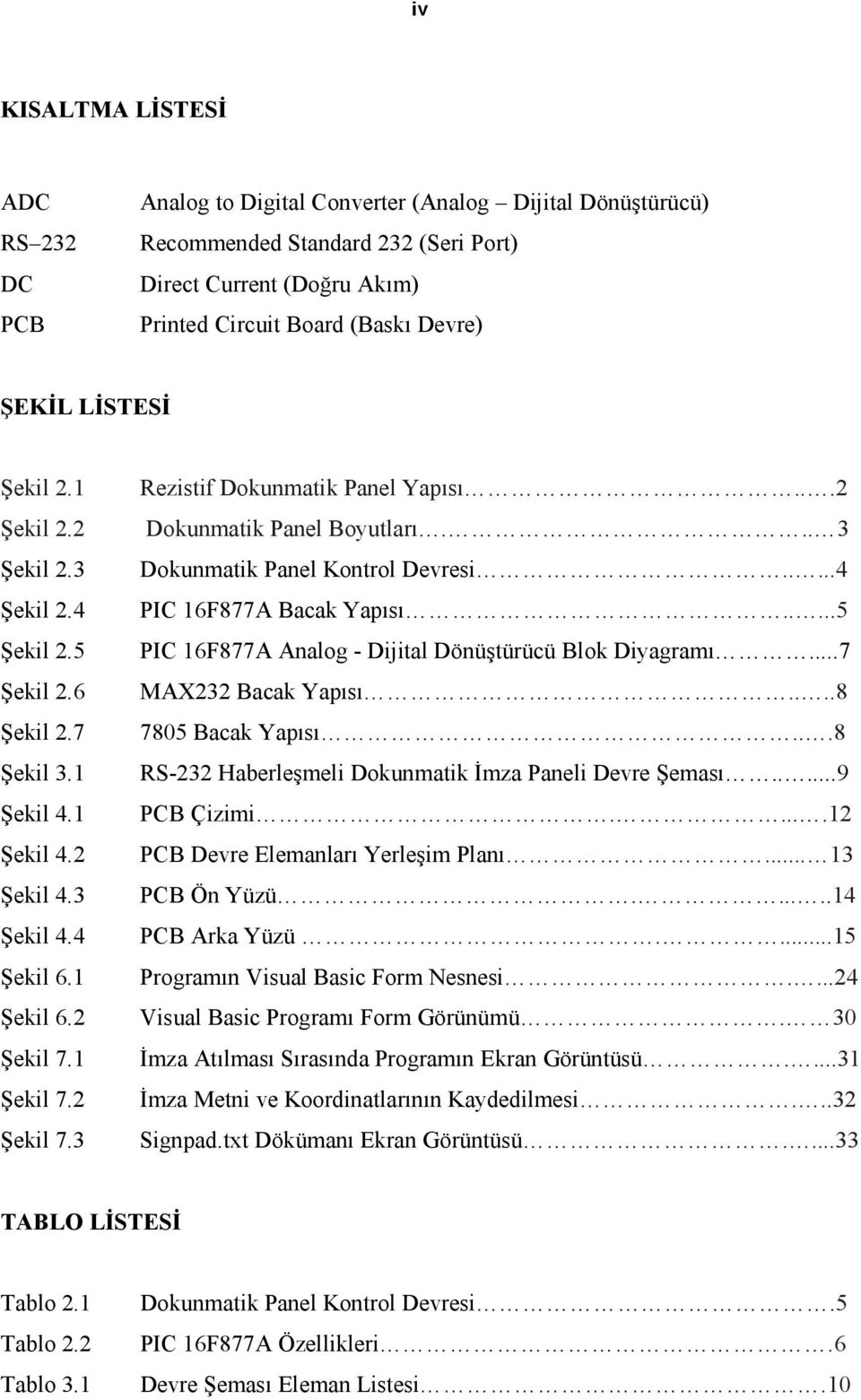 ..2 Dokunmatik Panel Boyutları... 3 Dokunmatik Panel Kontrol Devresi.....4 PIC 16F877A Bacak Yapısı.....5 PIC 16F877A Analog - Dijital Dönüştürücü Blok Diyagramı...7 MAX232 Bacak Yapısı.