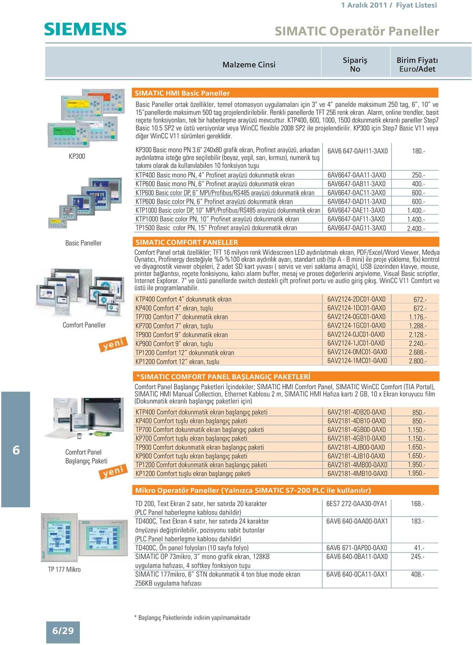 Alarm, online trendler, basit reçete fonksiyonlar, tek bir haberleflme arayüzü mevcuttur. KTP400, 00, 1000, 1500 dokunmatik ekranl paneller Step7 Basic 10.