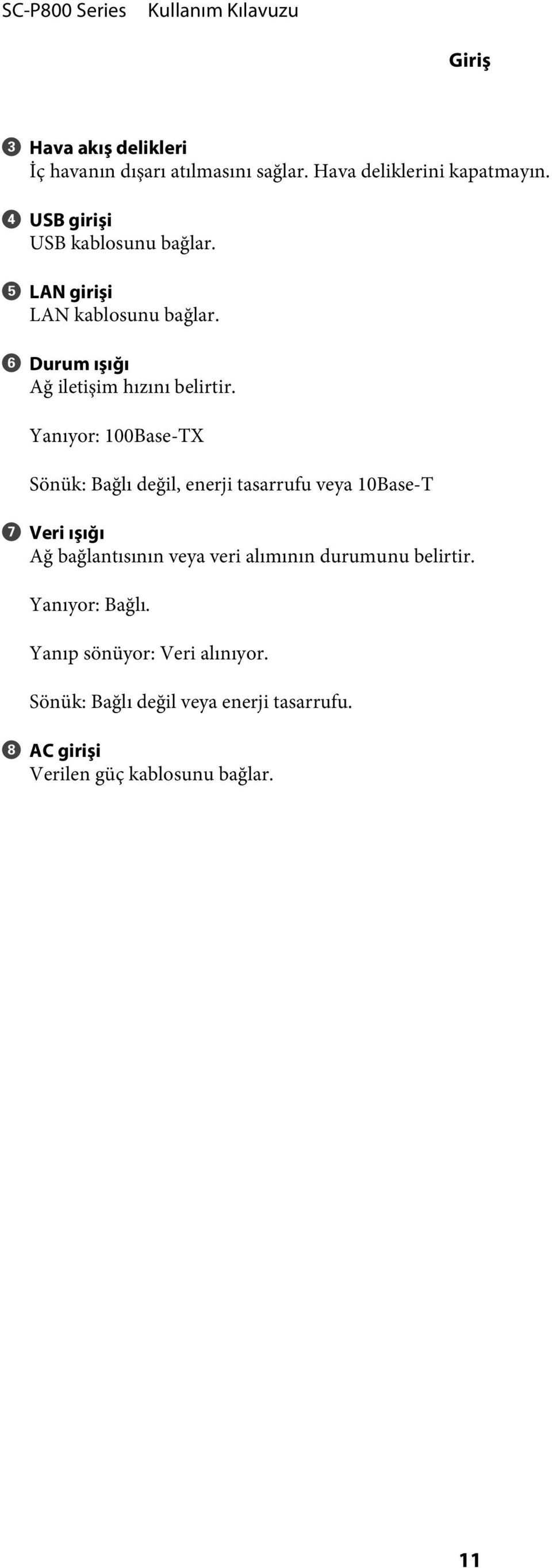 Yanıyor: 100ase-TX Sönük: ağlı değil, enerji tasarrufu veya 10ase-T G Veri ışığı Ağ bağlantısının veya veri alımının