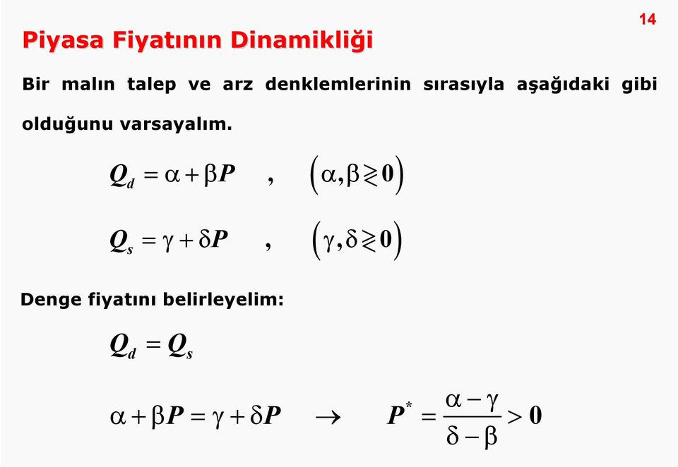 Q d =α+βp ( αβ< > ),, 0 Q s ( > ) =γ+δp, γ, δ< 0 Denge