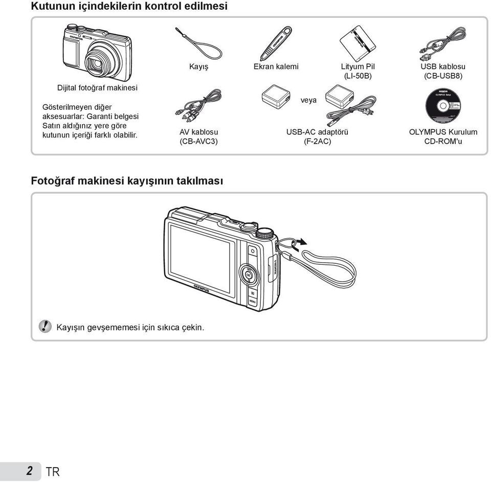 Kayış Ekran kalemi Lityum Pil (LI-50B) AV kablosu (CB-AVC3) veya USB-AC adaptörü (F-2AC) USB