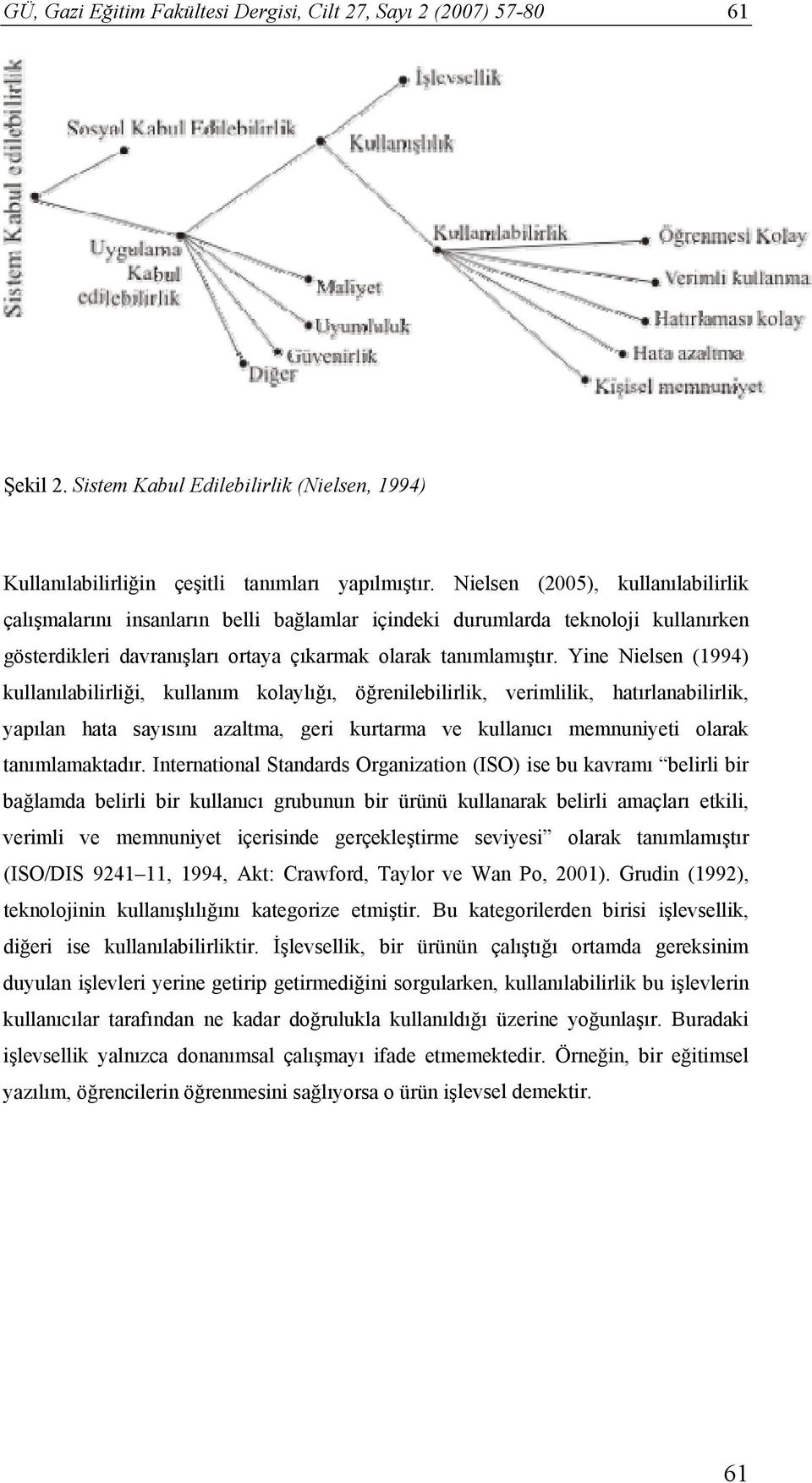 Yine Nielsen (1994) kullanılabilirliği, kullanım kolaylığı, öğrenilebilirlik, verimlilik, hatırlanabilirlik, yapılan hata sayısını azaltma, geri kurtarma ve kullanıcı memnuniyeti olarak