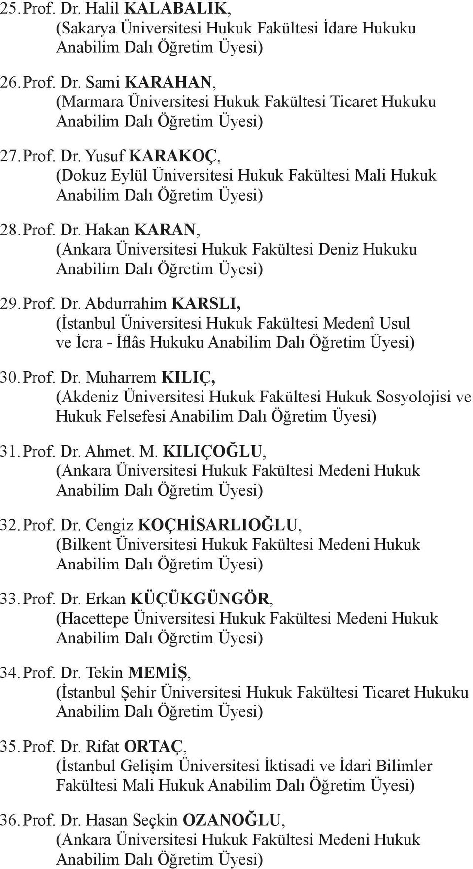 Prof. Dr. Abdurrahim KARSLI, (İstanbul Üniversitesi Hukuk Fakültesi Medenî Usul ve İcra - İflâs Hukuku Anabilim Dalı Öğretim Üyesi) 30. Prof. Dr. Muharrem KILIÇ, (Akdeniz Üniversitesi Hukuk Fakültesi Hukuk Sosyolojisi ve Hukuk Felsefesi Anabilim Dalı Öğretim Üyesi) 31.