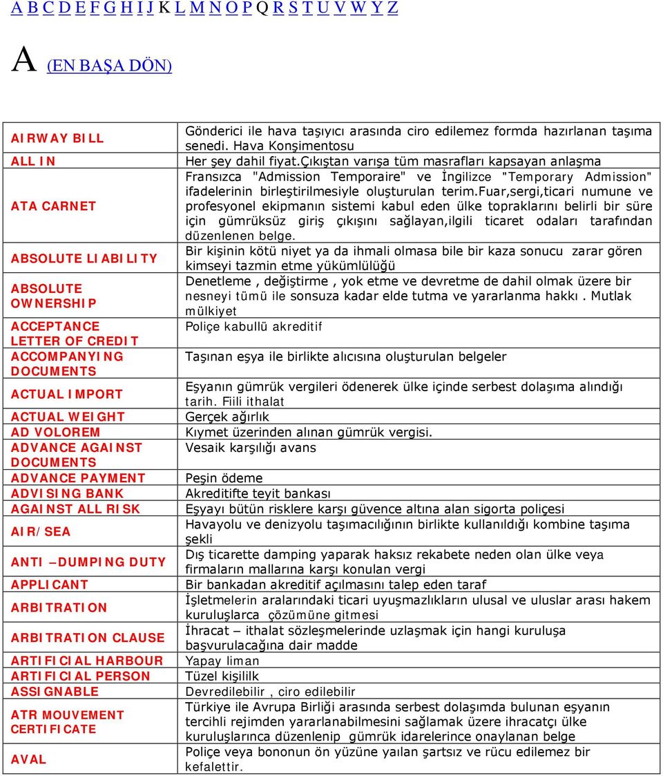 PERSON ASSIGNABLE ATR MOUVEMENT CERTIFICATE AVAL Gönderici ile hava taşıyıcı arasında ciro edilemez formda hazırlanan taşıma senedi. Hava Konşimentosu Her şey dahil fiyat.