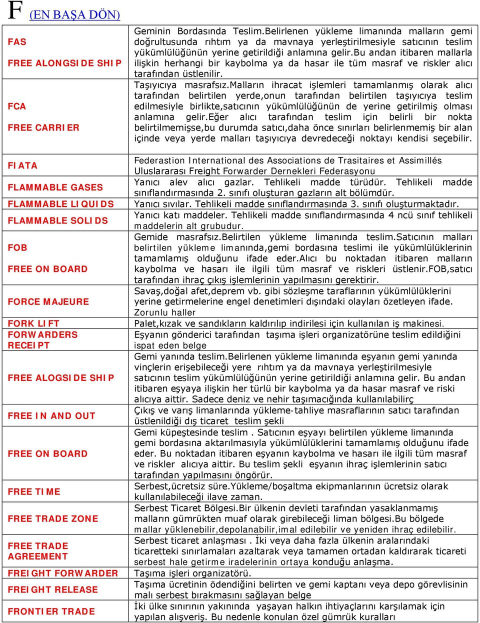 Belirlenen yükleme limanında malların gemi doğrultusunda rıhtım ya da mavnaya yerleştirilmesiyle satıcının teslim yükümlülüğünün yerine getirildiği anlamına gelir.