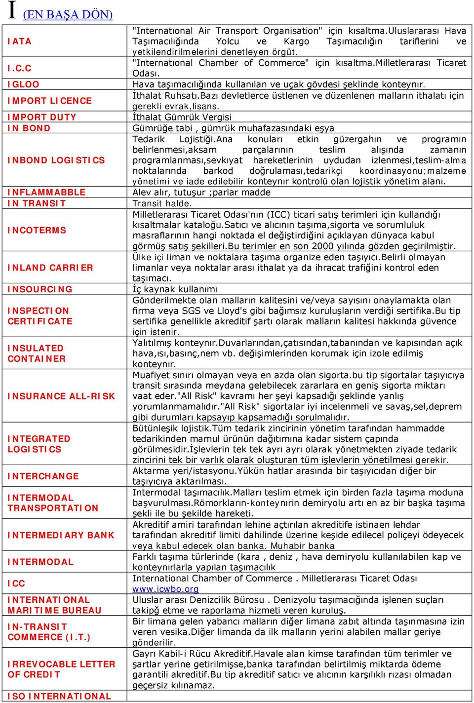 LOGISTICS INTERCHANGE INTERMODAL TRANSPORTATION INTERMEDIARY BANK INTERMODAL ICC INTERNATIONAL MARITIME BUREAU IN-TRANSIT COMMERCE (I.T.) IRREVOCABLE LETTER OF CREDIT ISO INTERNATIONAL "Internatıonal Air Transport Organisation" için kısaltma.