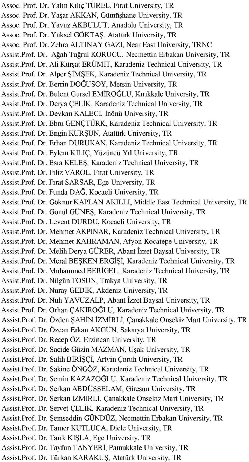 Prof. Dr. Alper ŞİMŞEK, Karadeniz Technical University, TR Assist.Prof. Dr. Berrin DOĞUSOY, Mersin University, TR Assist.Prof. Dr. Bulent Gursel EMİROĞLU, Kırıkkale University, TR Assist.Prof. Dr. Derya ÇELİK, Karadeniz Technical University, TR Assist.