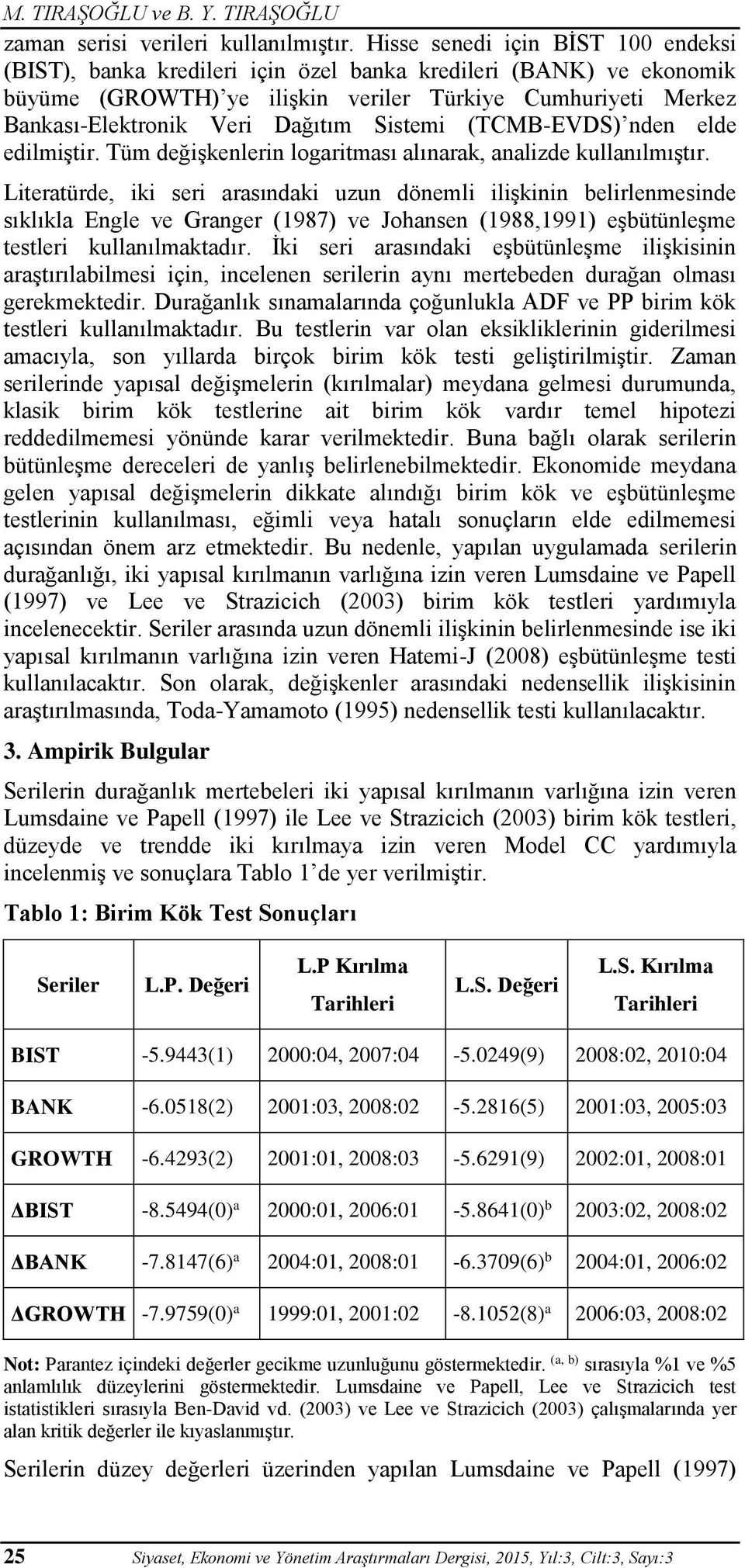 Sistemi (TCMB-EVDS) nden elde edilmiştir. Tüm değişkenlerin logaritması alınarak, analizde kullanılmıştır.