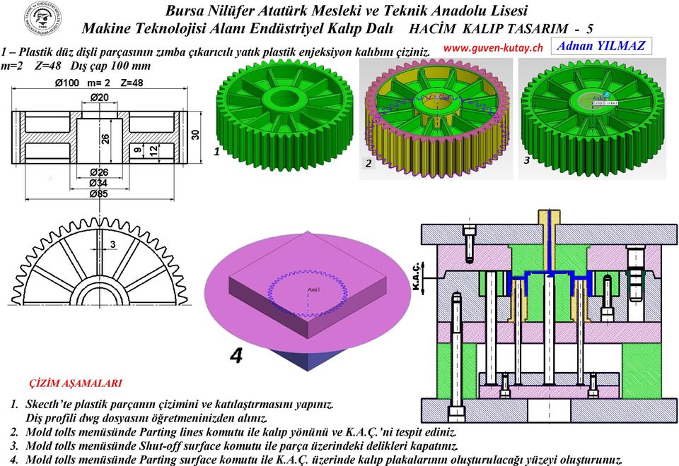Diş profili dwg dosyasını öğretmeninizden alınız. 2. Mold tolls menüsünde Parting lines komutu ile kalıp yönünü ve K.A.Ç. ni tespit ediniz. 3.