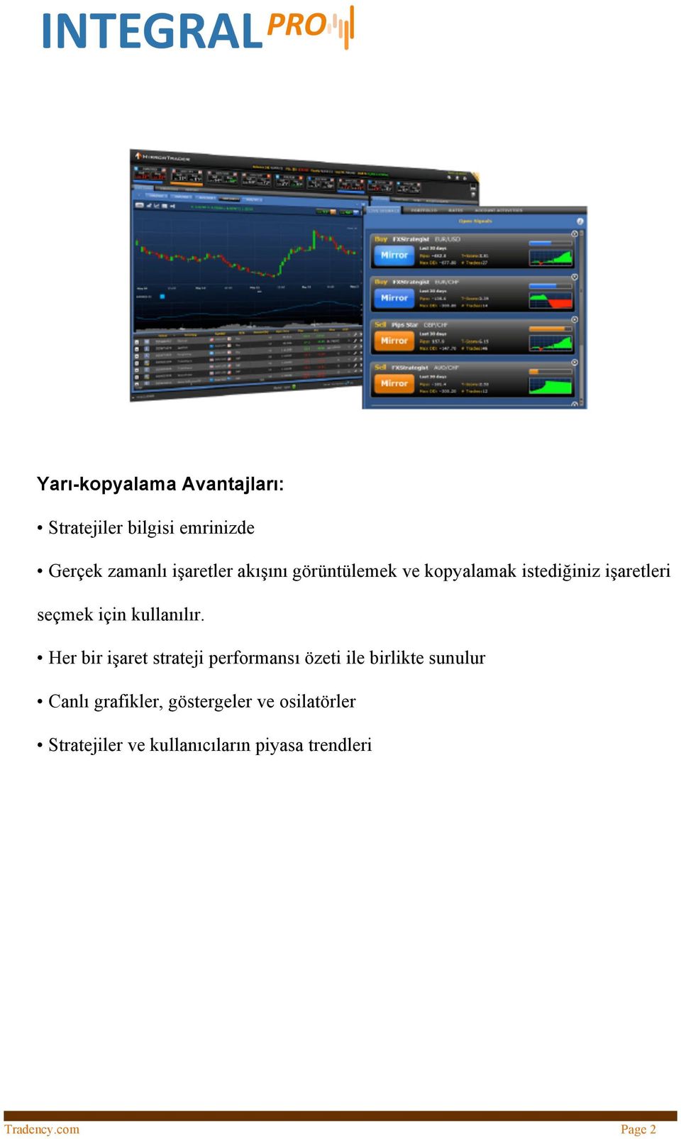 Her bir işaret strateji performansı özeti ile birlikte sunulur Canlı grafikler,