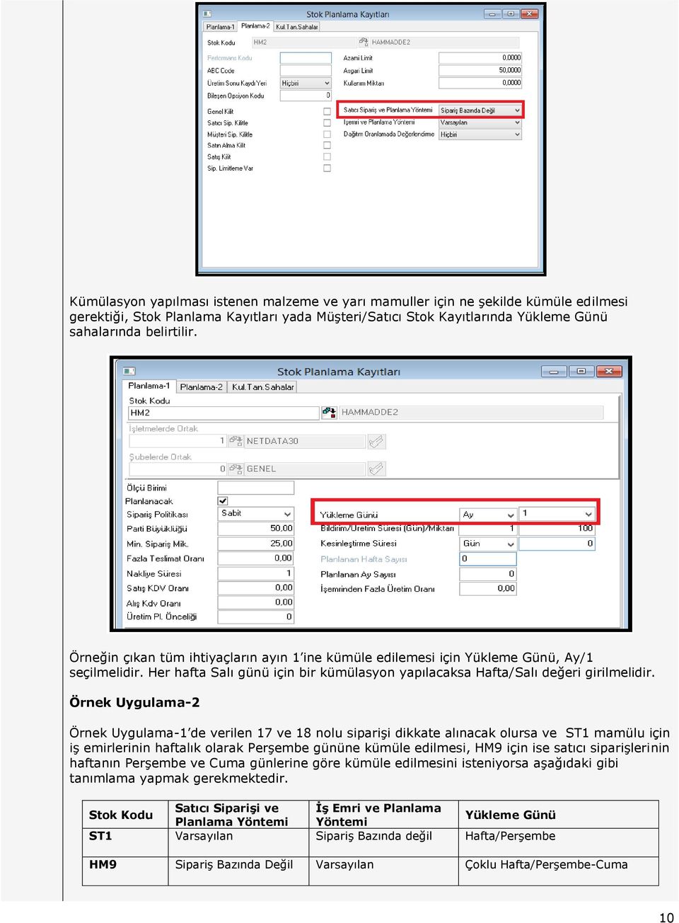 Örnek Uygulama-2 Örnek Uygulama-1 de verilen 17 ve 18 nolu siparişi dikkate alınacak olursa ve ST1 mamülu için iş emirlerinin haftalık olarak Perşembe gününe kümüle edilmesi, HM9 için ise satıcı