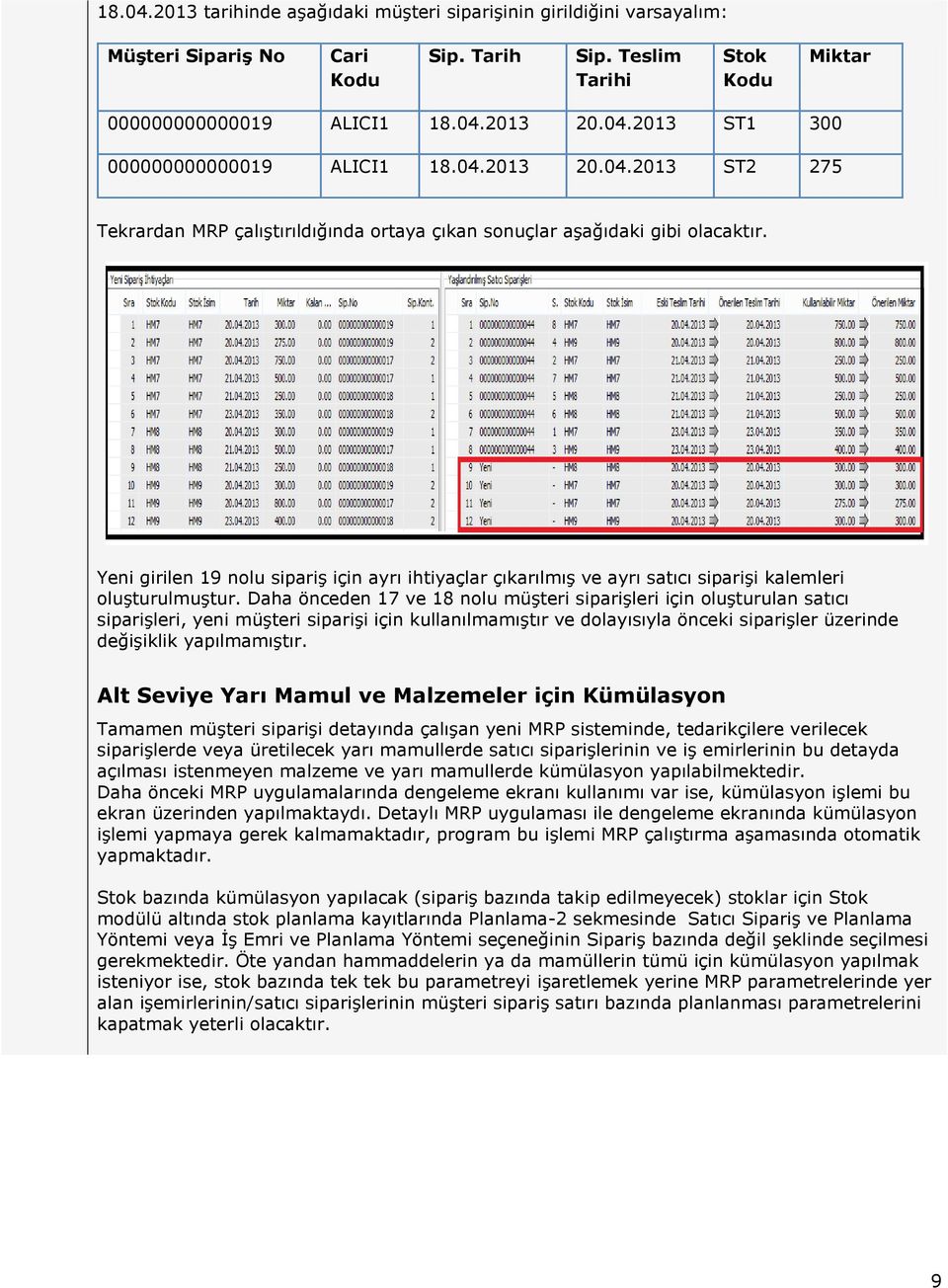 Yeni girilen 19 nolu sipariş için ayrı ihtiyaçlar çıkarılmış ve ayrı satıcı siparişi kalemleri oluşturulmuştur.