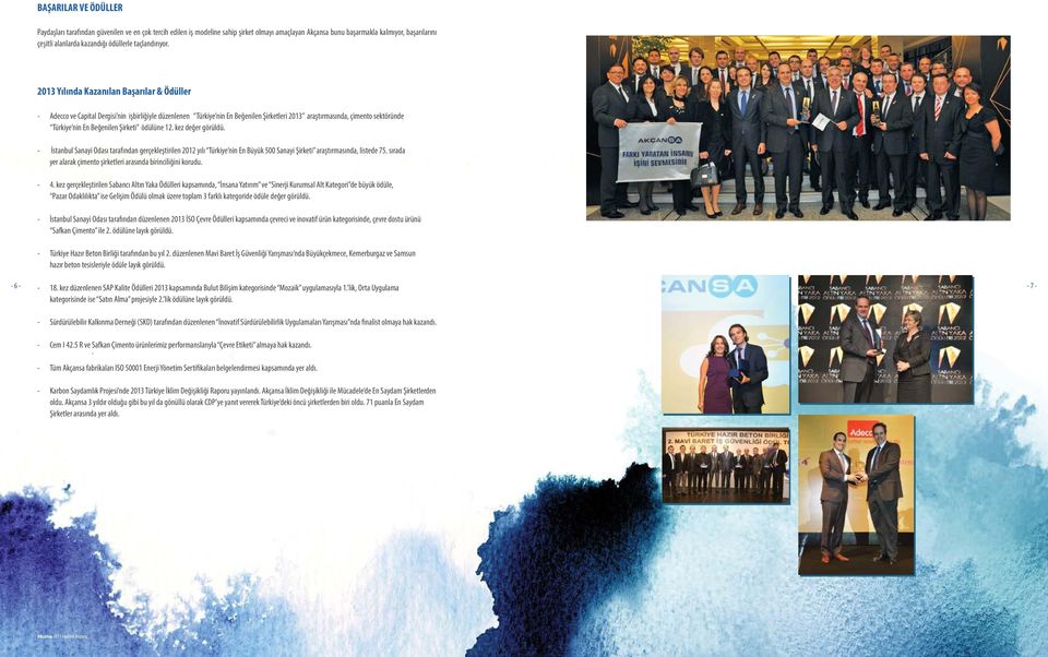 2013 Yılında Kazanılan Başarılar & Ödüller - Adecco ve Capital Dergisi nin işbirliğiyle düzenlenen Türkiye nin En Beğenilen Şirketleri 2013 araştırmasında, çimento sektöründe Türkiye nin En Beğenilen