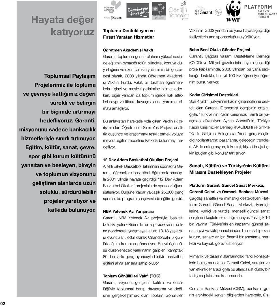 Eğitim, kültür, sanat, çevre, spor gibi kurum kültürünü yansıtan ve besleyen, bireyin ve toplumun vizyonunu geliştiren alanlarda uzun soluklu, sürdürülebilir projeler yaratıyor ve katkıda bulunuyor.