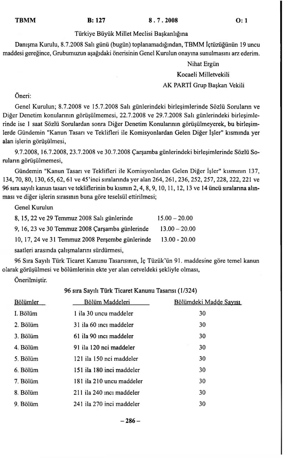 7.2008 ve 29.7.2008 Salı günlerindeki birleşimlerinde ise 1 saat Sözlü Sorulardan sonra Diğer Denetim Konularının görüşülmeyerek, bu birleşimlerde Gündemin "Kanun Tasarı ve Teklifleri ile