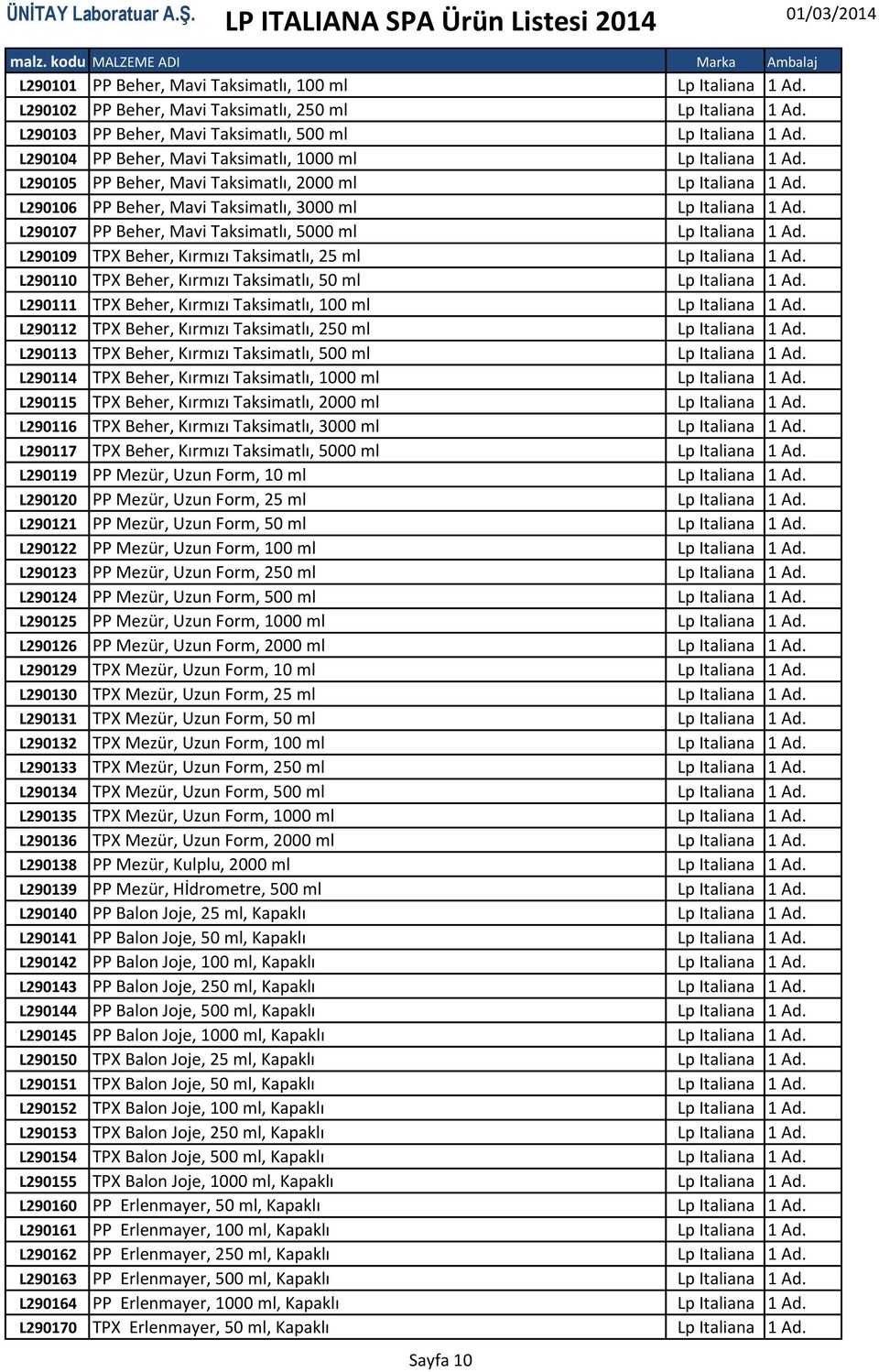 L290107 PP Beher, Mavi Taksimatlı, 5000 ml Lp Italiana 1 Ad. L290109 TPX Beher, Kırmızı Taksimatlı, 25 ml Lp Italiana 1 Ad. L290110 TPX Beher, Kırmızı Taksimatlı, 50 ml Lp Italiana 1 Ad.