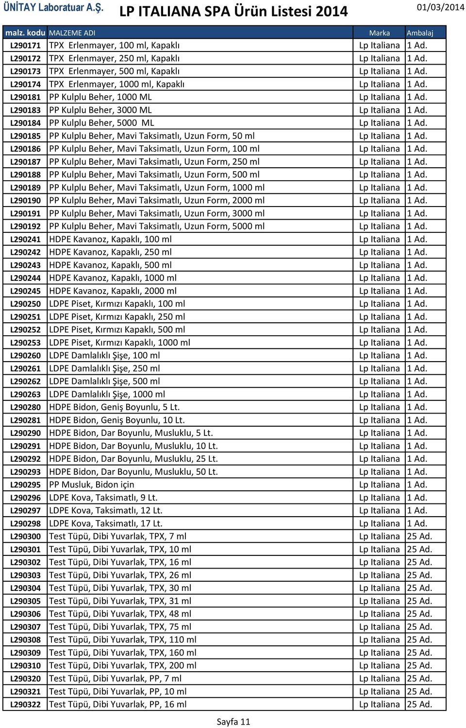 L290184 PP Kulplu Beher, 5000 ML Lp Italiana 1 Ad. L290185 PP Kulplu Beher, Mavi Taksimatlı, Uzun Form, 50 ml Lp Italiana 1 Ad.