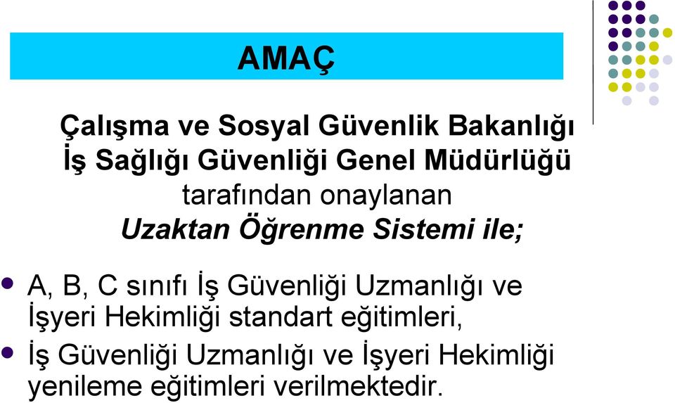 sınıfı İş Güvenliği Uzmanlığı ve İşyeri Hekimliği standart eğitimleri,