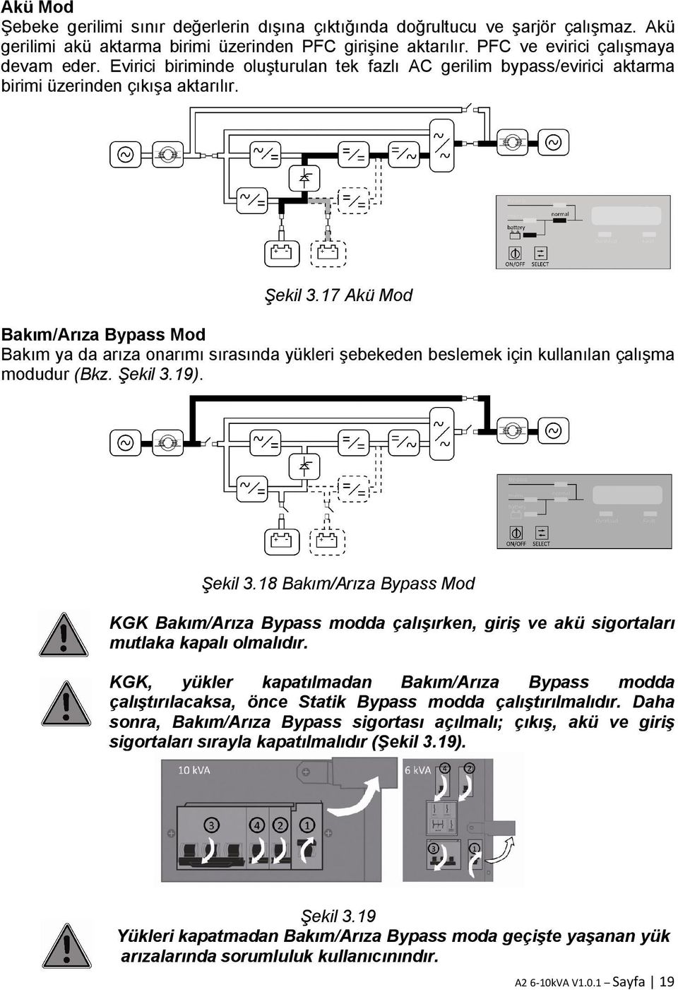 17 Akü Mod Bakım/Arıza Bypass Mod Bakım ya da arıza onarımı sırasında yükleri şebekeden beslemek için kullanılan çalışma modudur (Bkz. Şekil 3.